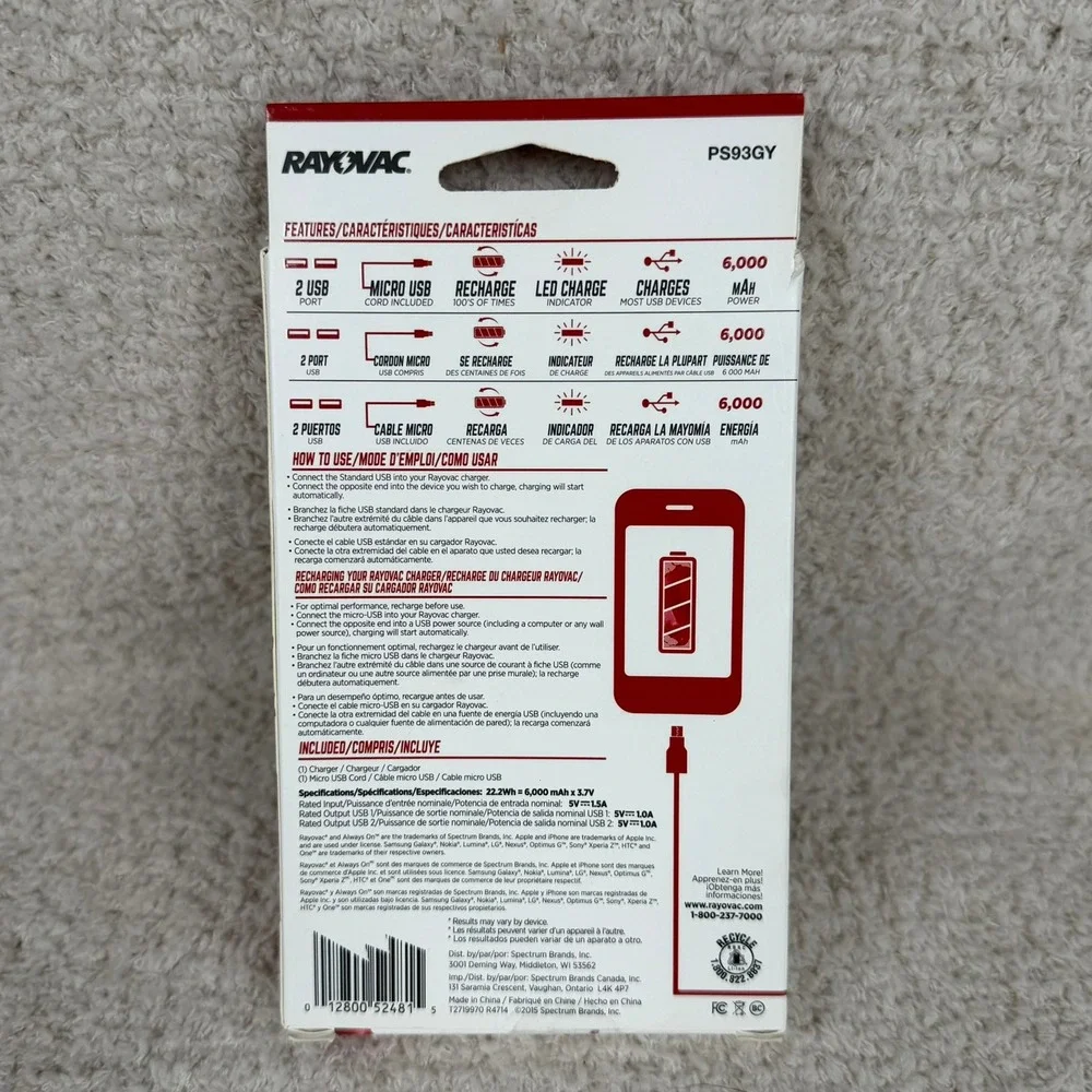 Rayovac PS93GY 6000mAh Portable Phone Charger Power Bank Dual‎ USB Grey New